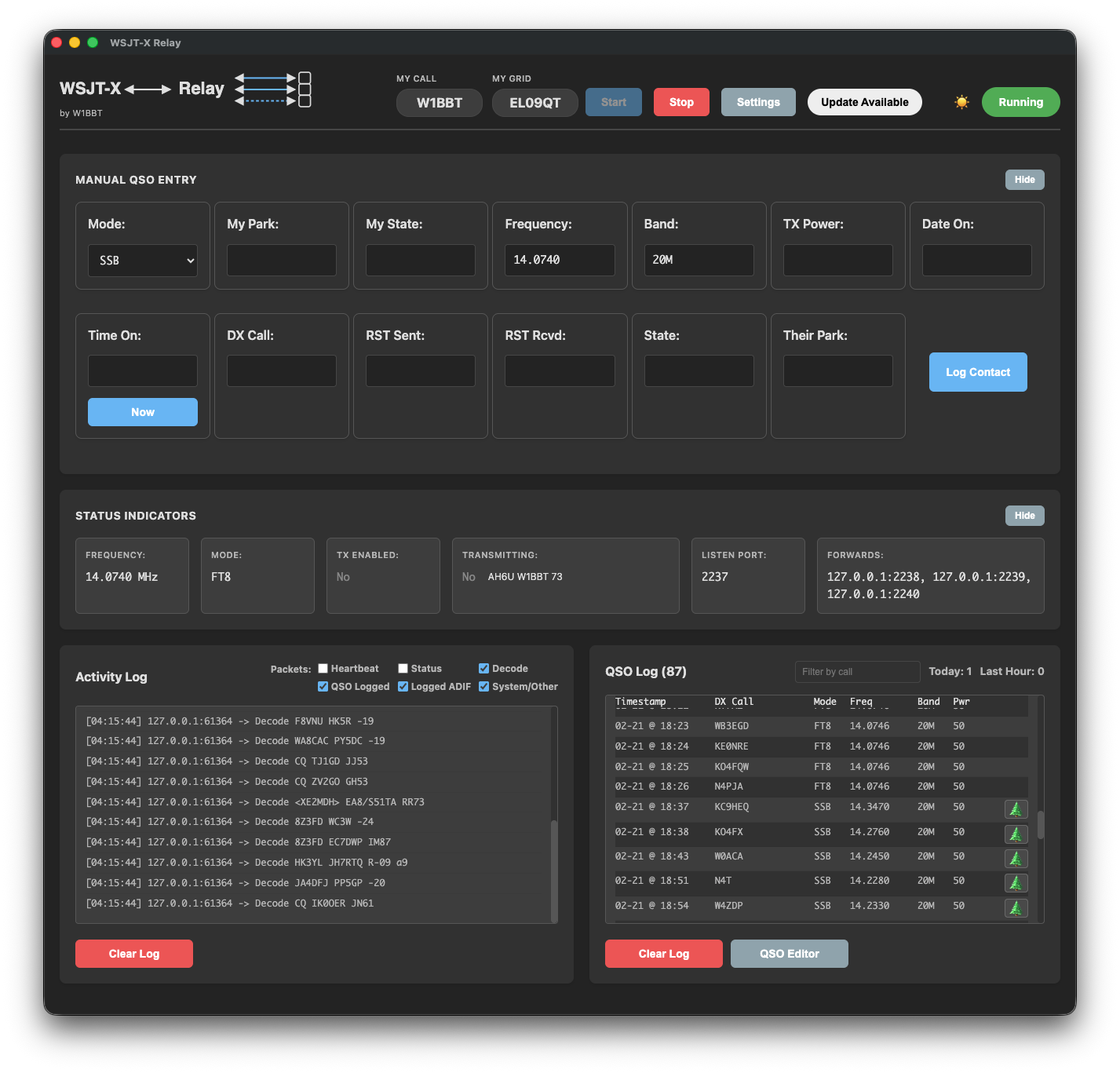 WSJT-X Relay main window while running
